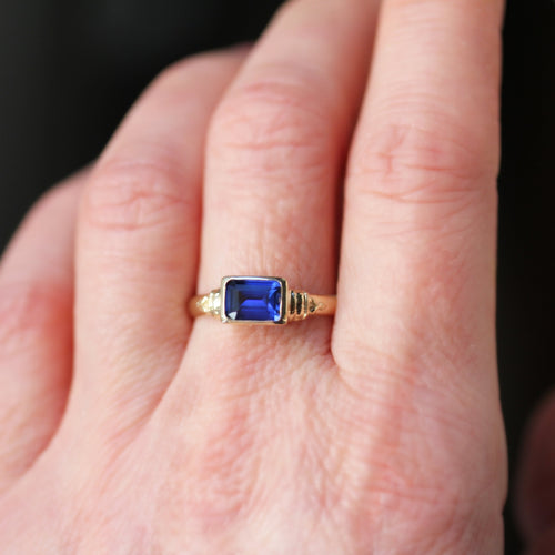 Sapphire Emerald Cut Ring, 14K Gold, Anne Brontë - Size 8