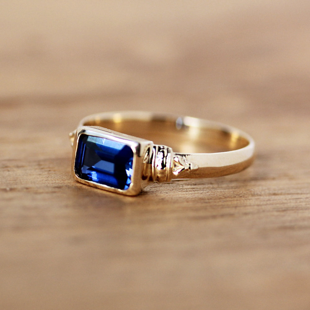 Sapphire Emerald Cut Ring, 14K Gold, Anne Brontë - Size 8
