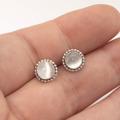6mm White Moonstone Cabochon Earrings Silver