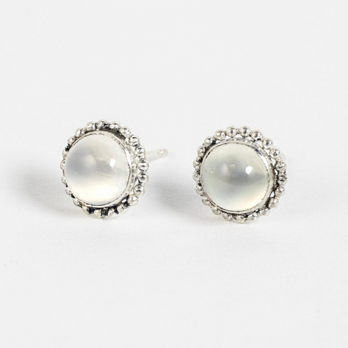 6mm White Moonstone Cabochon Earrings Silver