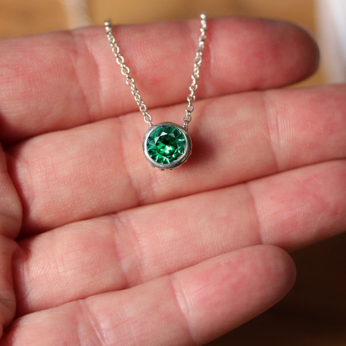 Bezel Birthstone Necklace - May / Imitation Emerald - 16"-18" chain
