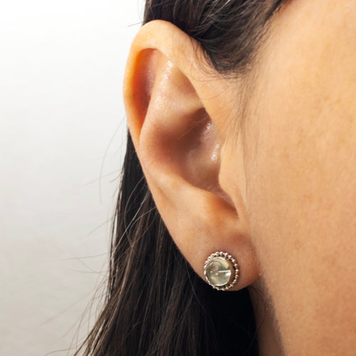 6mm Green Moonstone Cabochon Earrings Silver