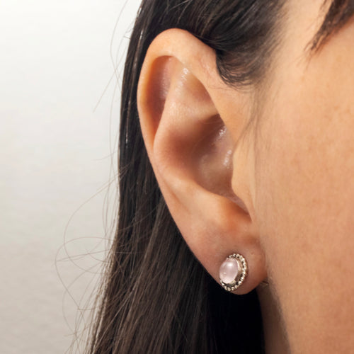 6mm Rose Quartz Cabochon Earrings Silver