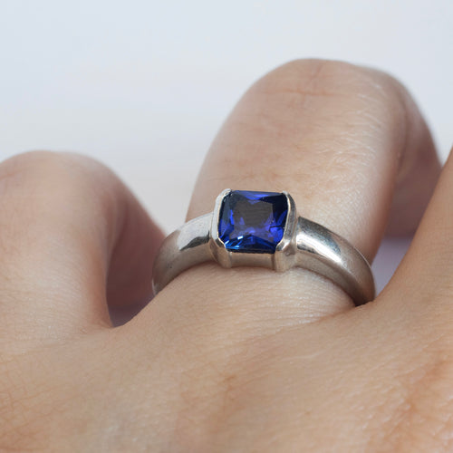Chunky Band Sapphire Asscher Cut Ring, Sterling Silver size 7
