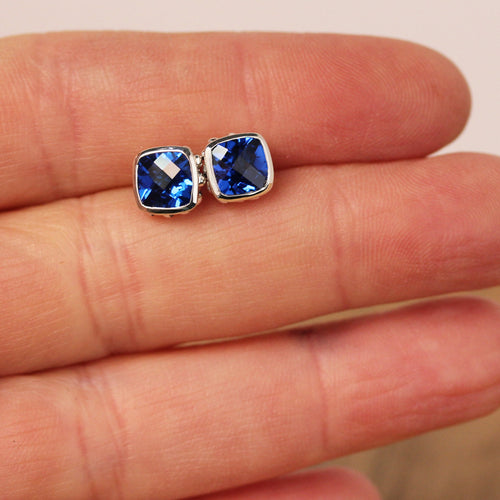 Imitation Sapphire Cushion Cut Wrought Studs, Sterling Silver