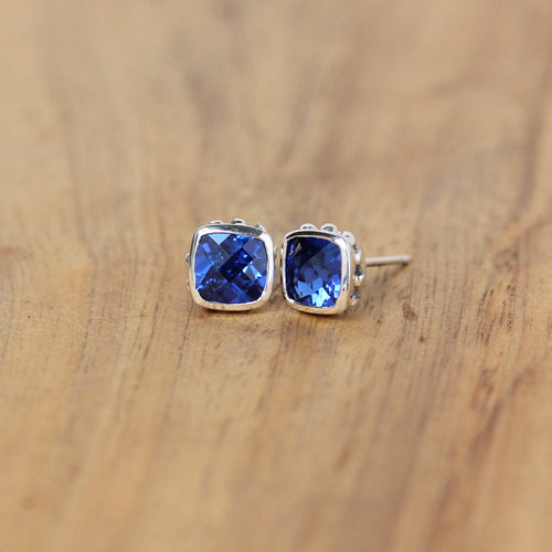Imitation Sapphire Cushion Cut Wrought Studs, Sterling Silver