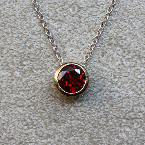 14k Gold Bezel Birthstone Necklace - January / Garnet - 16"-18" silver chain
