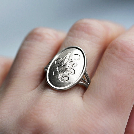 Initial Signet Ring Sterling Silver King Crown Monogram Ring
