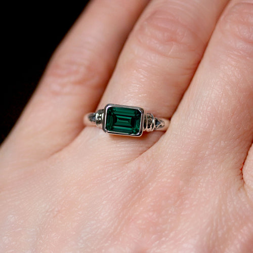 Sapphire Emerald Cut Ring, Silver, Anne Brontë - Size 8