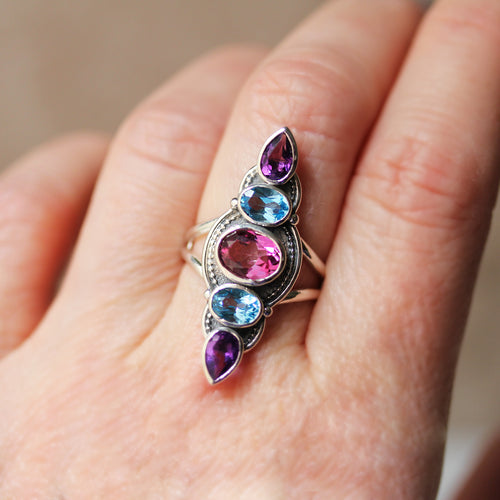 Hera Ring: Swiss Blue Topaz, Pink Topaz and Amethyst Multi Stone in Sterling Silver