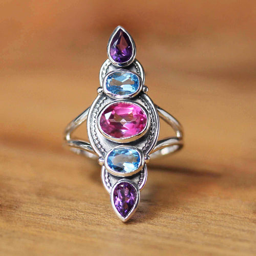 Hera Ring: Swiss Blue Topaz, Pink Topaz and Amethyst Multi Stone in Sterling Silver