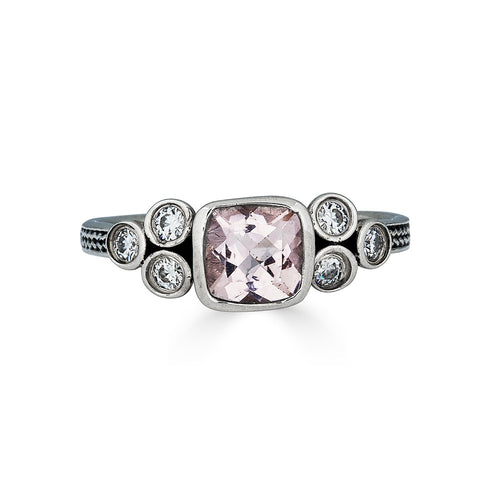 Morganite Cushion Ring with Moissanite Accents, Sterling Silver