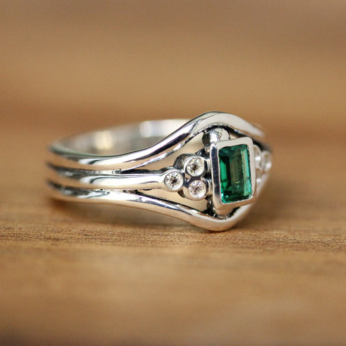 Emerald Regency Style Ring with Moissanites