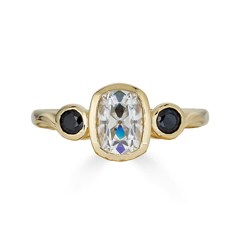 Moissanite Cushion Ring with Black Spinel Accents, Angel Bridal Set