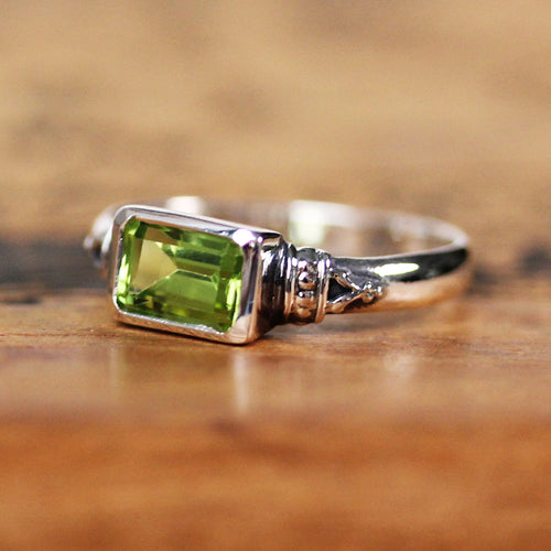 Sapphire Emerald Cut Ring, Silver, Anne Brontë - Size 6