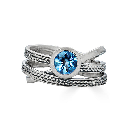 Braided Triple Crossover Gemstone Ring - Swiss Blue Topaz - Size 6.5
