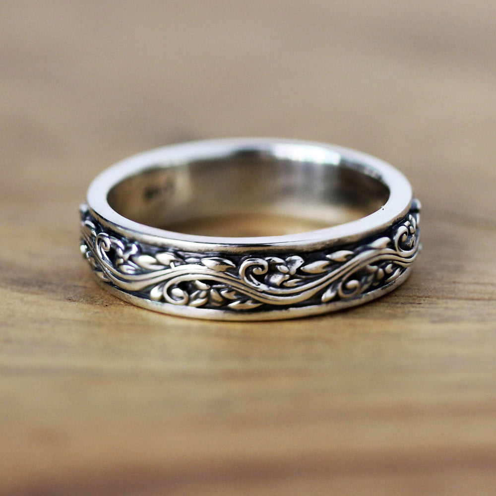 Medium Wide Silver Vines Floral Band, 5mm