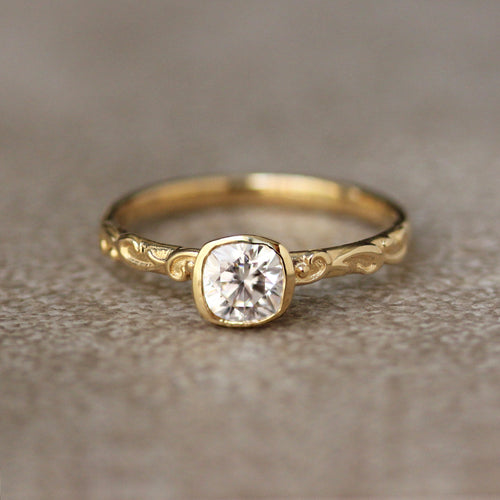 Dainty Floral Stacking Ring, Cushion Moissanite, 14k Gold