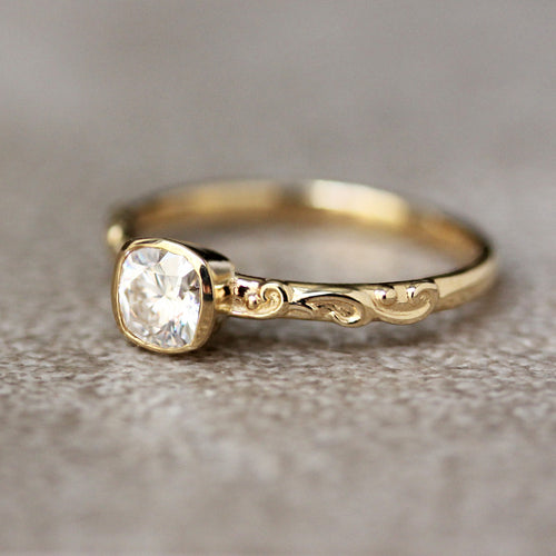 Dainty Floral Stacking Ring, Cushion Moissanite, 14k Gold