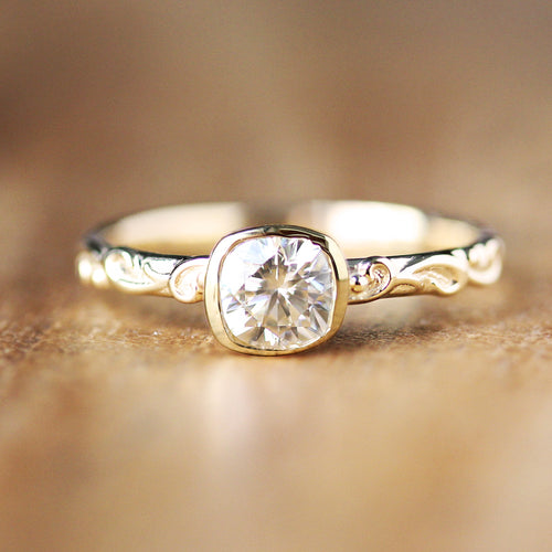 Dainty Floral Stacking Ring, Cushion Moissanite, 14k Gold