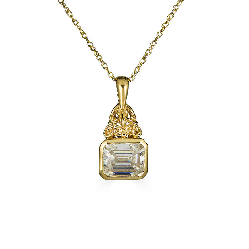 Large Emerald Cut Moissanite Gold Necklace, Fretwork