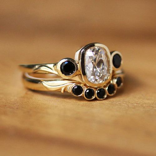 Moissanite Cushion Ring with Black Spinel Accents, Angel Bridal Set
