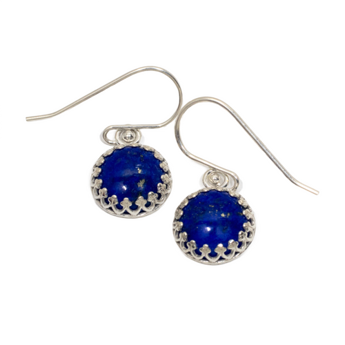 10mm Lapis Lazuli Cabochon Lace Dangle Earrings, Silver