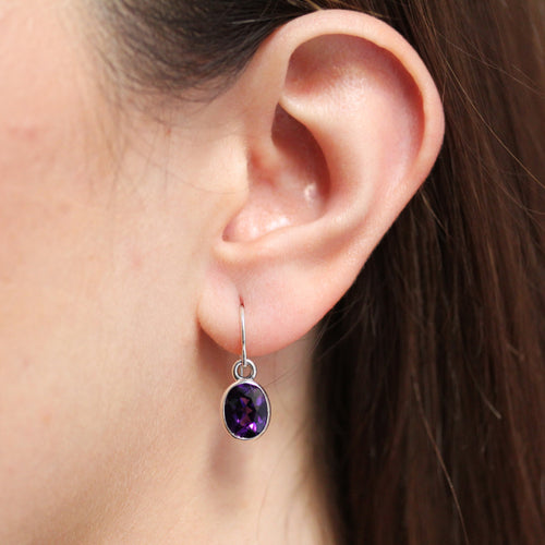 Oval Gemstone Dangle Earrings-- Amethyst