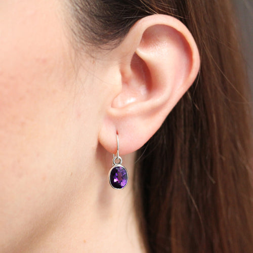 Oval Gemstone Dangle Earrings-- Amethyst