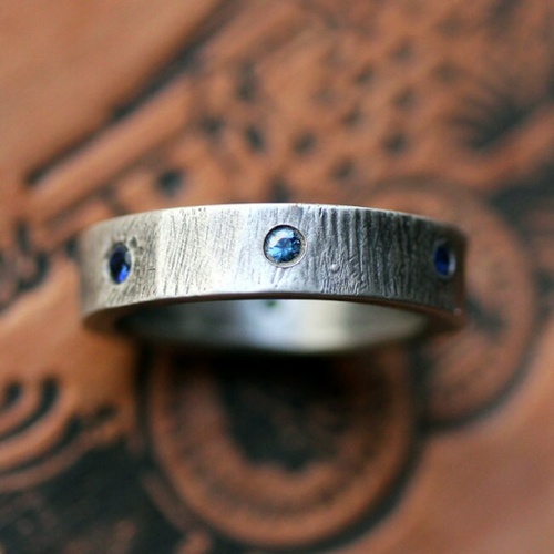 Sapphire Wood grain Wedding Band Silver-- Size 7