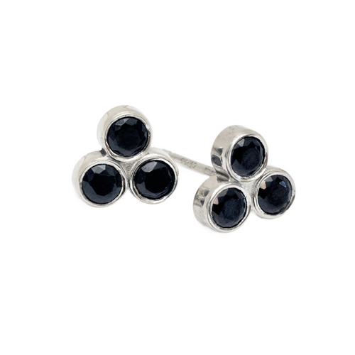 Three Stone Black Spinel Stud Earrings, Sterling Silver