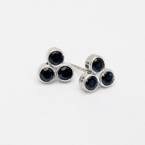 Three Stone Black Spinel Stud Earrings, Sterling Silver