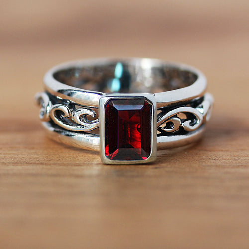 Red Garnet Emerald Cut Wide Band Ring, Water Dream