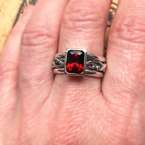 Red Garnet Emerald Cut Wide Band Ring, Water Dream - Size 7.5