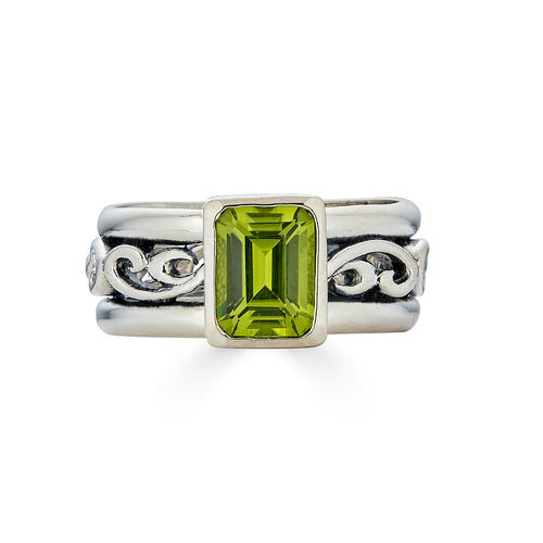 Wide Peridot Emerald Cut Ring, Water Dream
