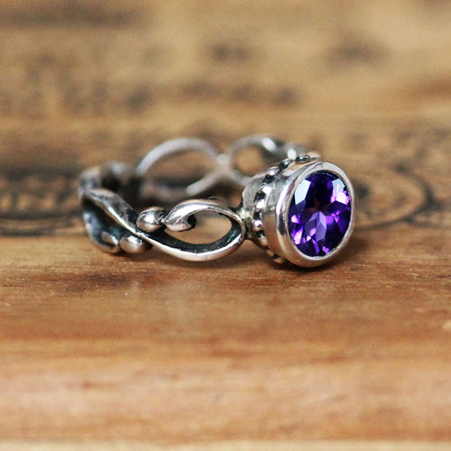 Amethyst Engagement Ring, Silver Wrought - Size 7