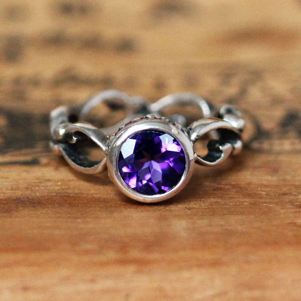 Amethyst Engagement Ring, Silver Wrought - Size 7