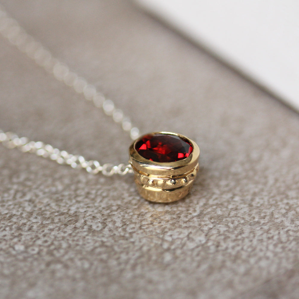 14k Gold Bezel Birthstone Necklace - January / Garnet - 16"-18" silver chain