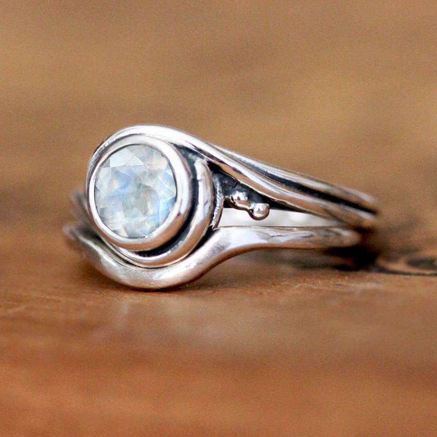 Custom handmade engagement ring set with rainbow moonstone from Metalicious