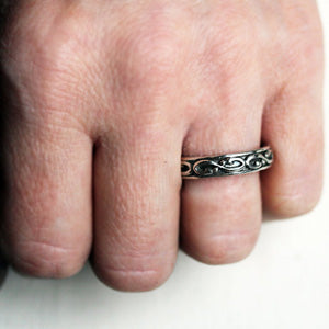 oxidized silver mens wedding band shown on the hand