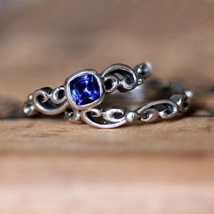 Close-up of sterling silver sapphire bridal set from Metalicious