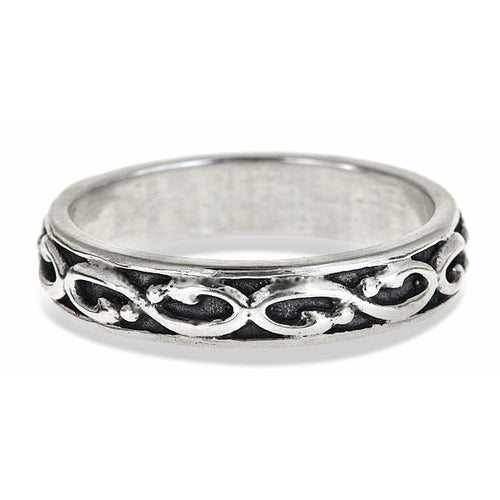 mens infinity wedding band in sterling silver that is oxidized