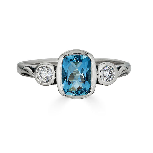 Aquamarine or Morganite Cushion Ring with Moissanite Accents, Angel Bridal Set