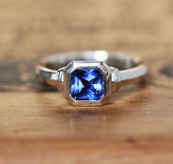 Asscher Cut Lab Created Sapphire Birthstone Ring