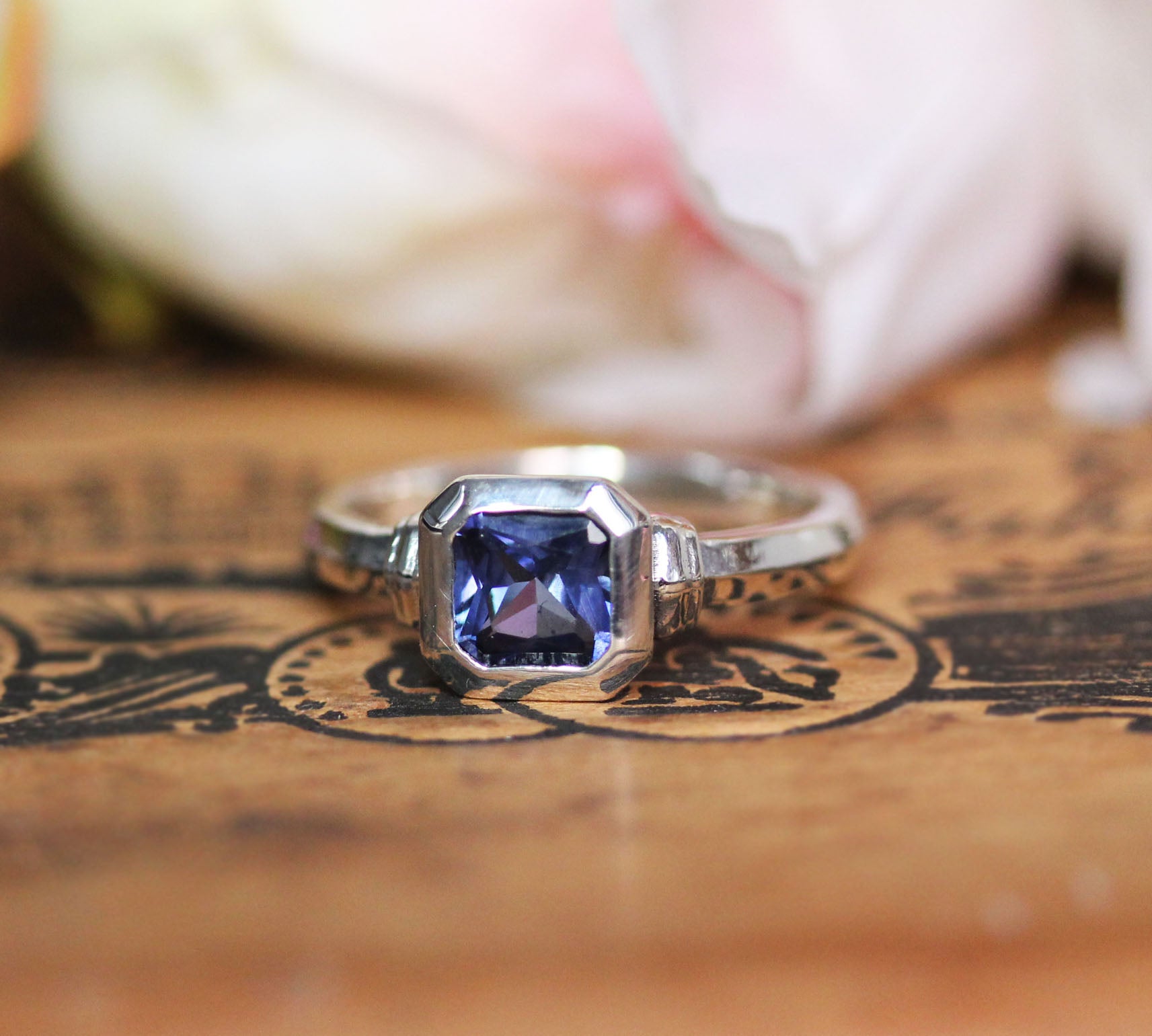 Asscher Cut Lab Created Sapphire Birthstone Ring