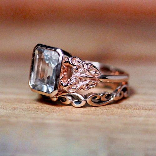 Large White Topaz Wedding Ring Set, Rose Gold