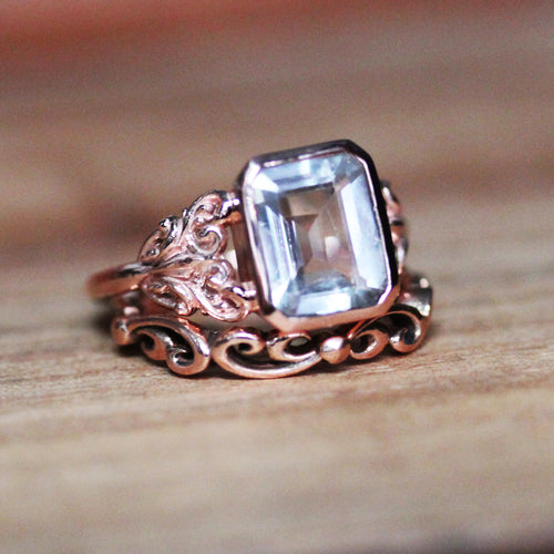 Large White Topaz Wedding Ring Set, Rose Gold