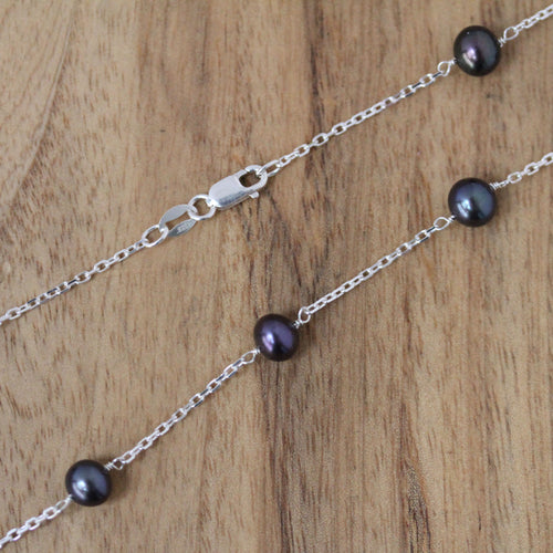 Delicate Black Pearl Station Necklace, Sterling Silver