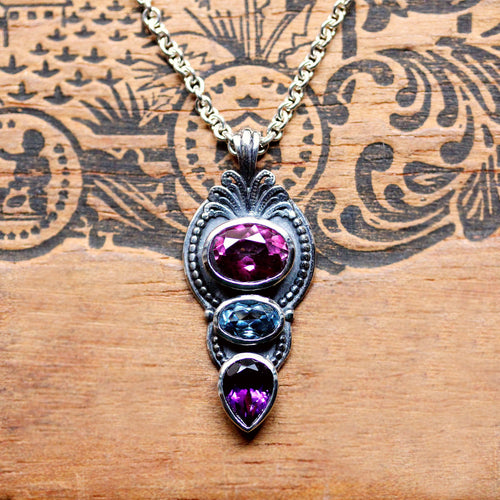 Hera Necklace: Swiss Blue Topaz, Pink Topaz and Amethyst Multi Stone in Sterling Silver