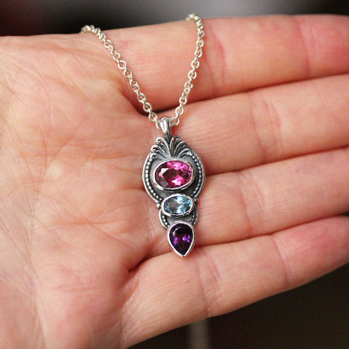 Swiss Blue Topaz, Pink Topaz and Amethyst Multi Stone Pendant in Sterling Silver, Hera